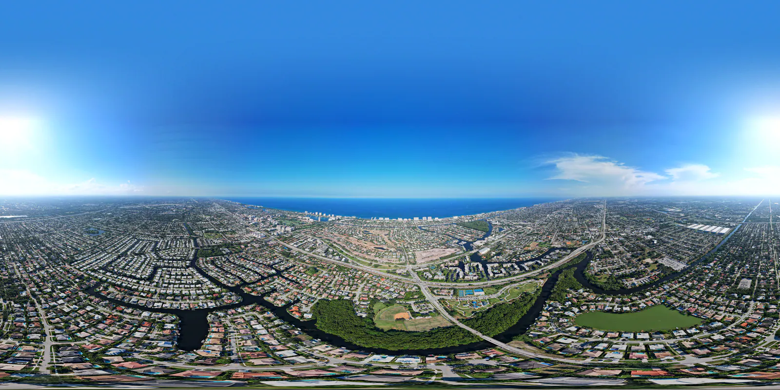 Interactive 360-degree aerial panorama of a South Florida coastal community