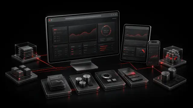 Editorial three-dimensional visualization of CORE's public platform across desktop, tablet, mobile, and connected business systems.